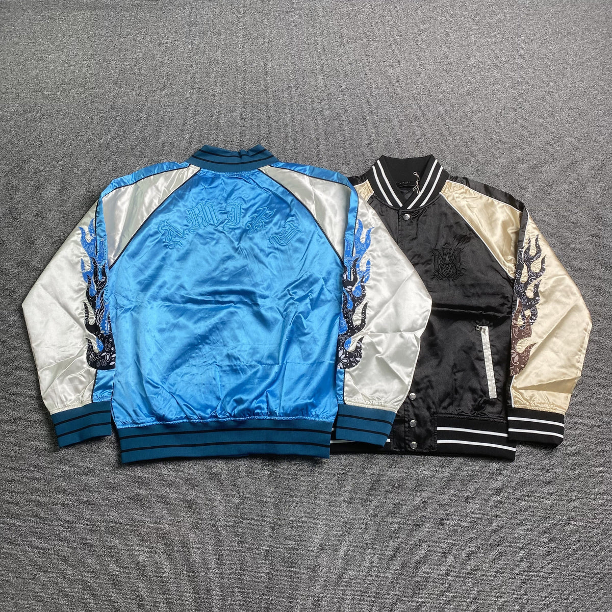 Campera Amiri Satin Flames Souvenir Bomber Azul