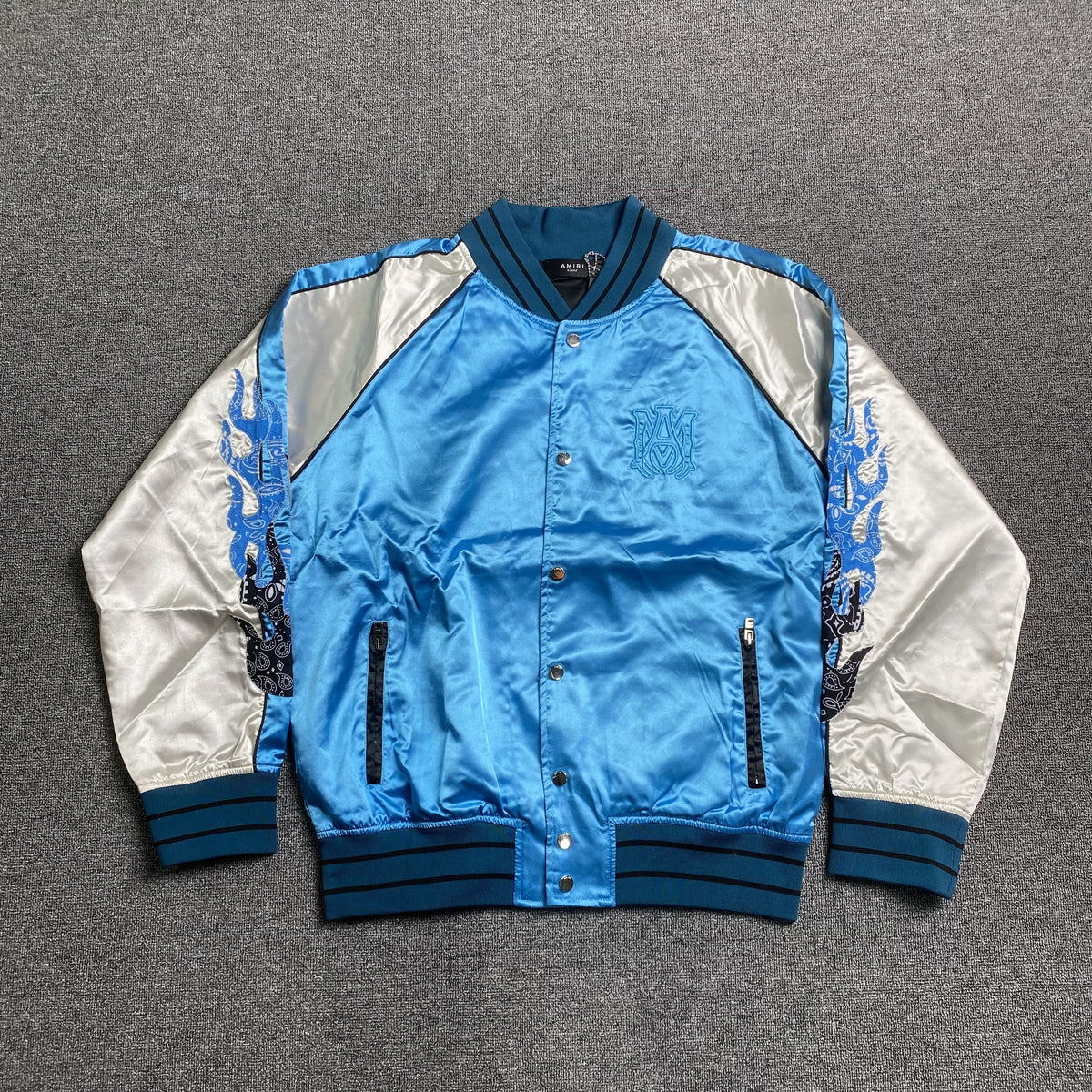 Campera Amiri Satin Flames Souvenir Bomber Azul