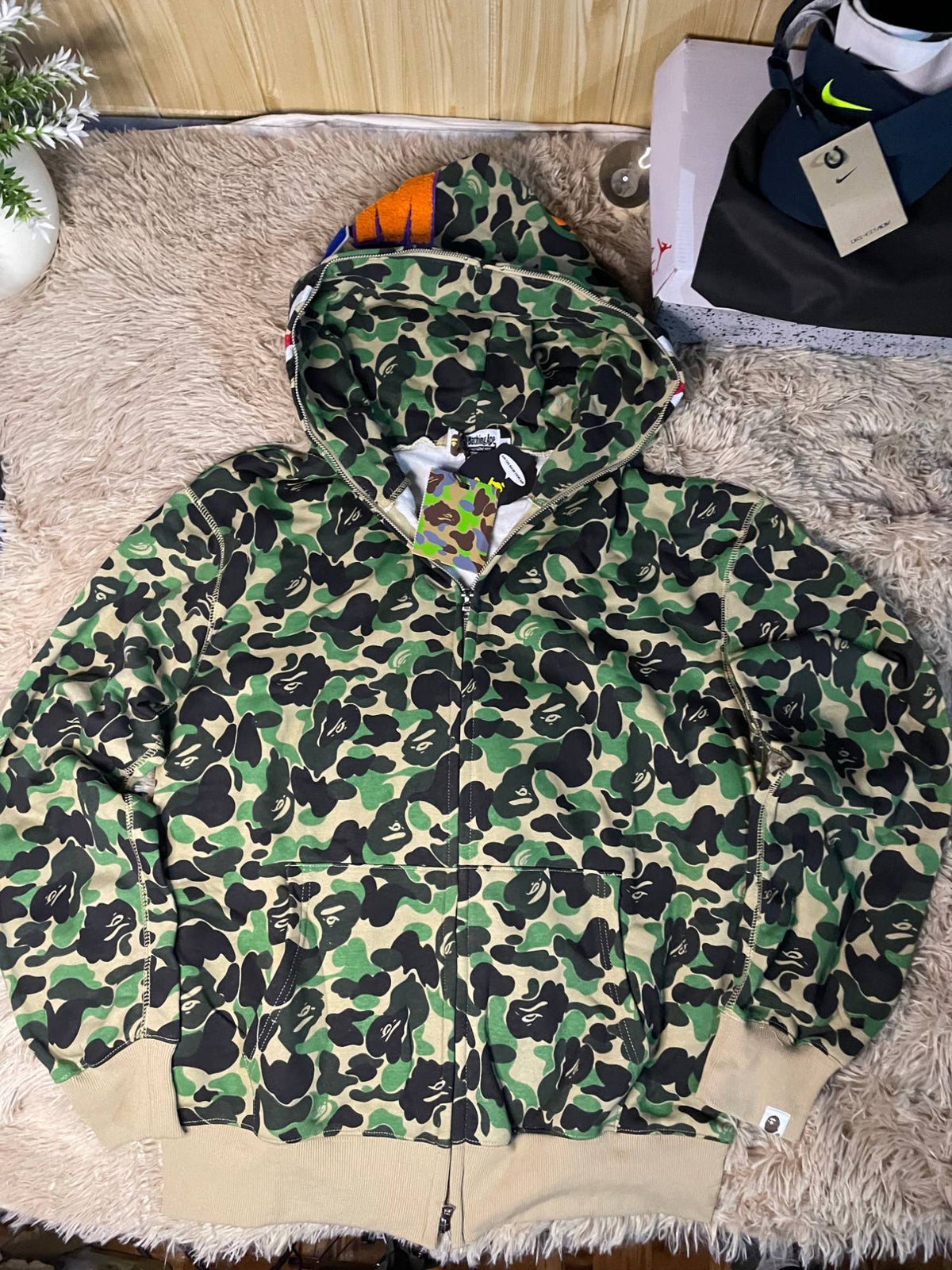 Bape shark hoodie green camo abierto
