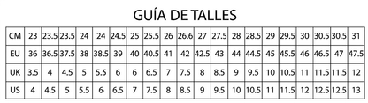 Tabla de talles zapatillas